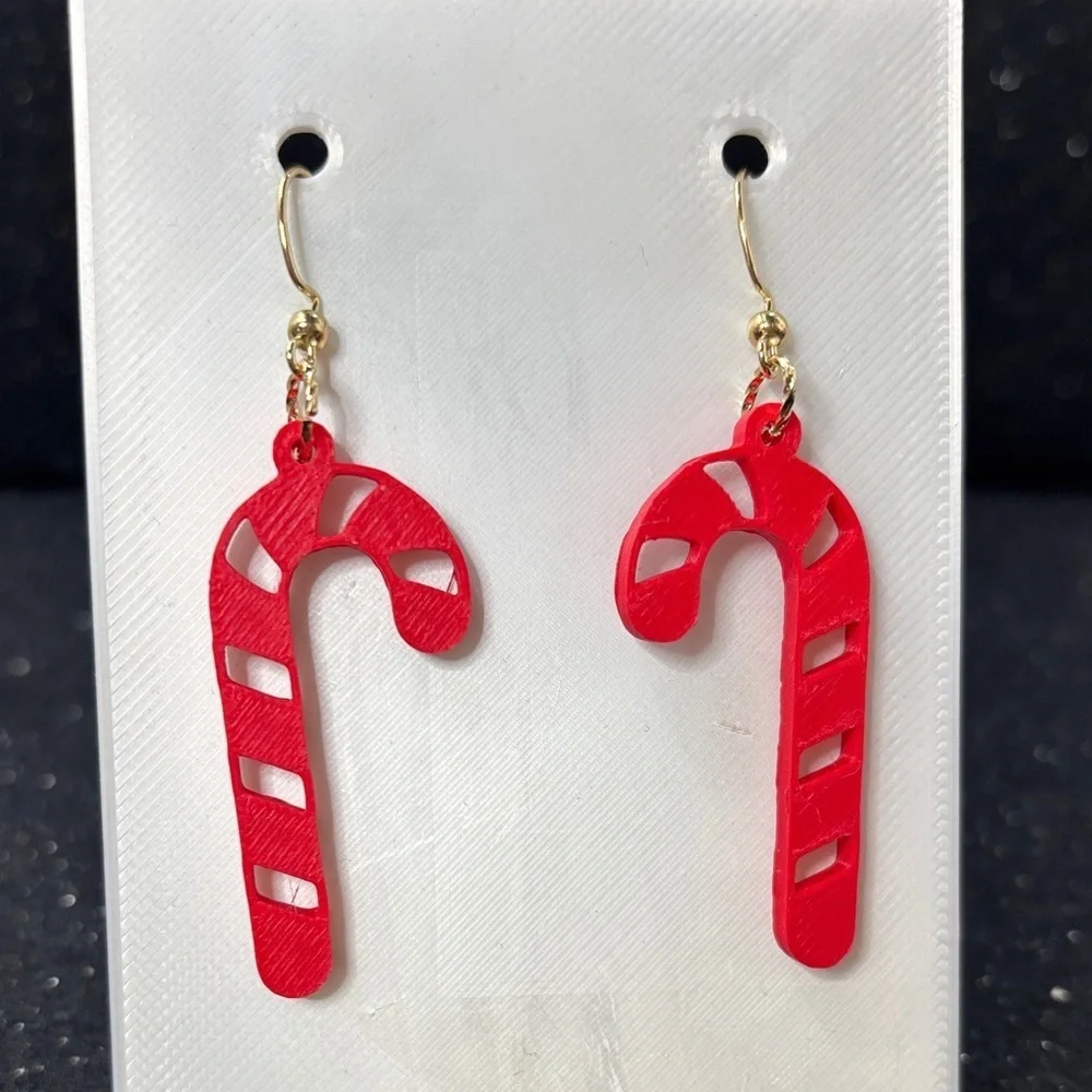 Red Candy Cane Dangle Earrings – Christmas Holiday Earrings in Gold Tone